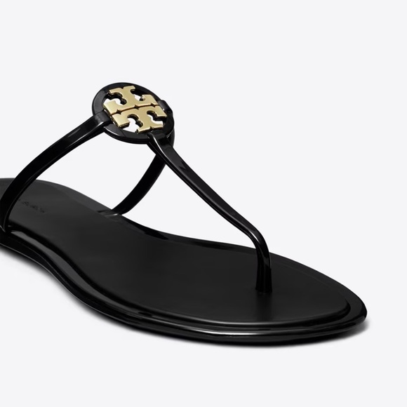 Tory Burch Black Patent Logo Thong Sandals with Gold Emblem. New in Box - Picture 2 of 3